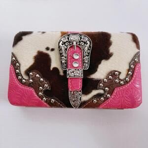 Western Pink Cow Print Wallet Floral Embossed Rhinestone Buckle Bling Trifold